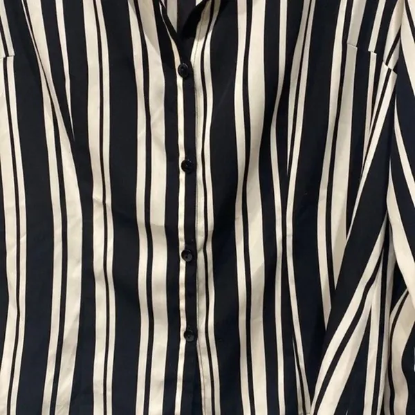 Modern Essentials Women's White Black Stripe Button Down Shoulder Pad Blouse 12 - Image 3