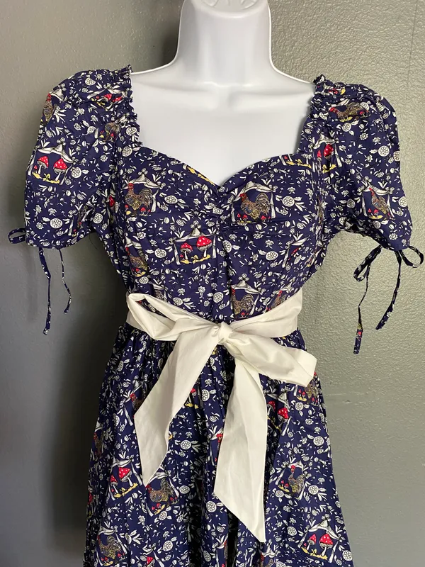 Unique Vintage NWT Retro Navy Mushroom and Rooster Dress LARGE - Image 6