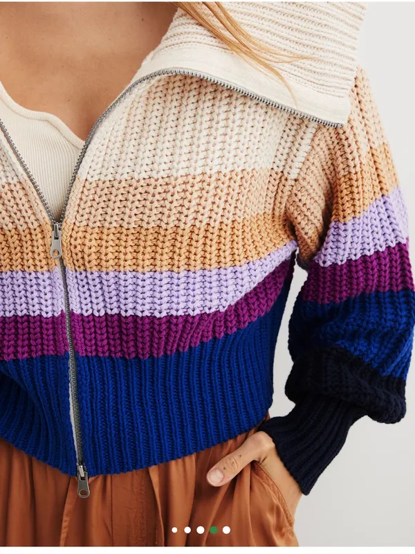 Aerie Double Zip Cardigan Sweater Color Block Purple Tan Blue Cream Size Medium - Image 2