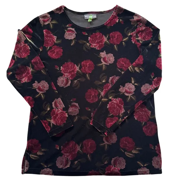 Notations Velvet Floral Rose Print Long Sleeve Top Black Red Women L Whimsigoth Dark Fairy - Image 2