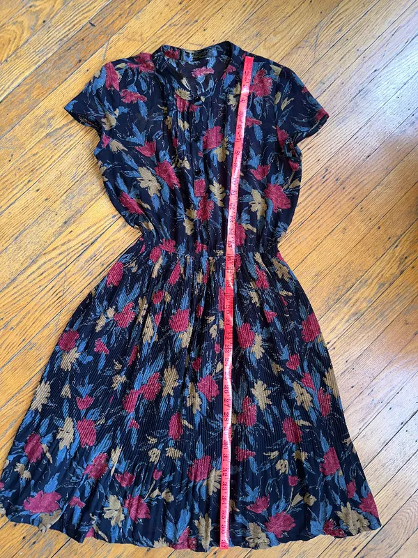 Vintage Ark Reworked midi dress black w/floral pattern and black lining Sz 6 - Image 8