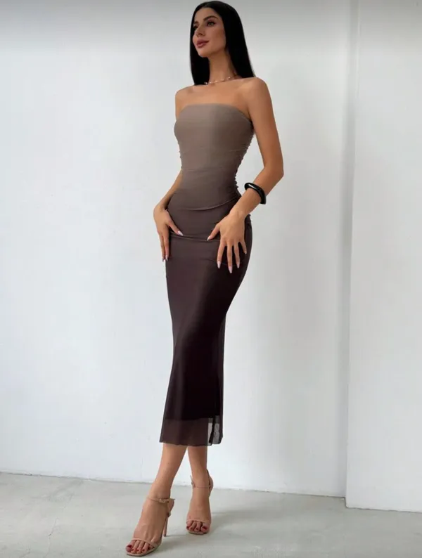 SheIn Brown Maxi Strapless Dress - Image 3