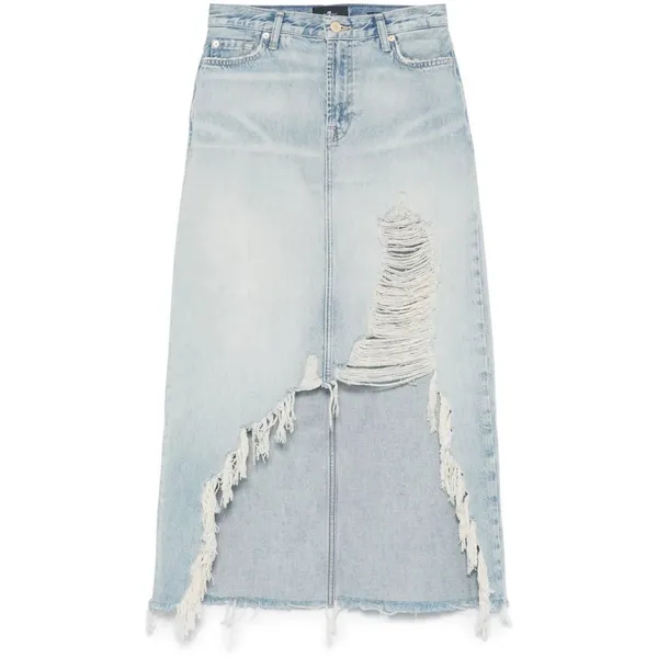 7 For All Mankind‎ Distressed Asymmetrical Denim Maxi Skirt Size 27 - Image 5