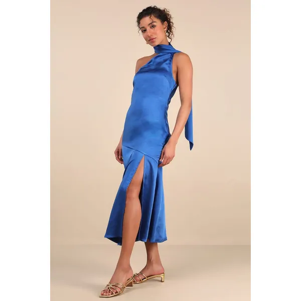NWT Lulus Reglan Blue Satin One-Shoulder Sash Midi Dress Bridesmaid Gala Size S - Image 7