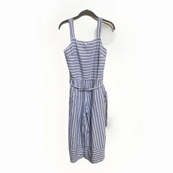 Beach Lunch Lounge Blue White Stripe Linen Blend Cropped Jumpsuit S‎ - Image 2
