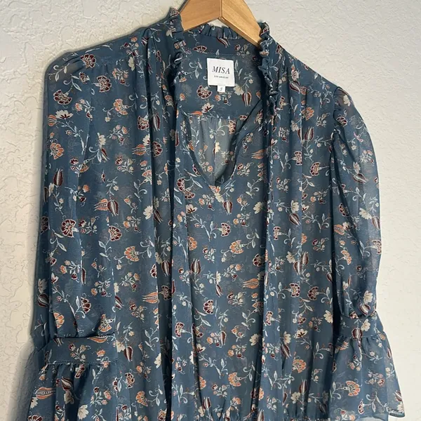 Misa NEW Revolve Blue Sheer Top Girly Feminine Coquette Preppy Floral Neck Tie - Image 2