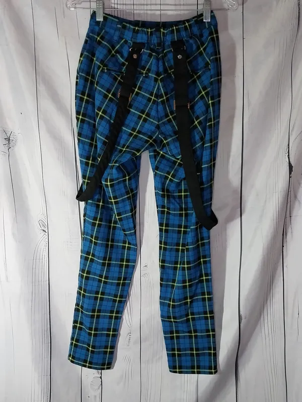 Hot Topic Blue & Green Plaid Punk 90's Alternative Suspender Pants - Image 2