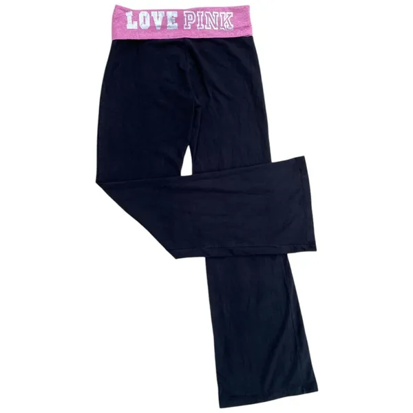 Y2K VS PINK M Foldover Black Flare Leggings Pink Silver Logo Low Rise Vtg - Image 5
