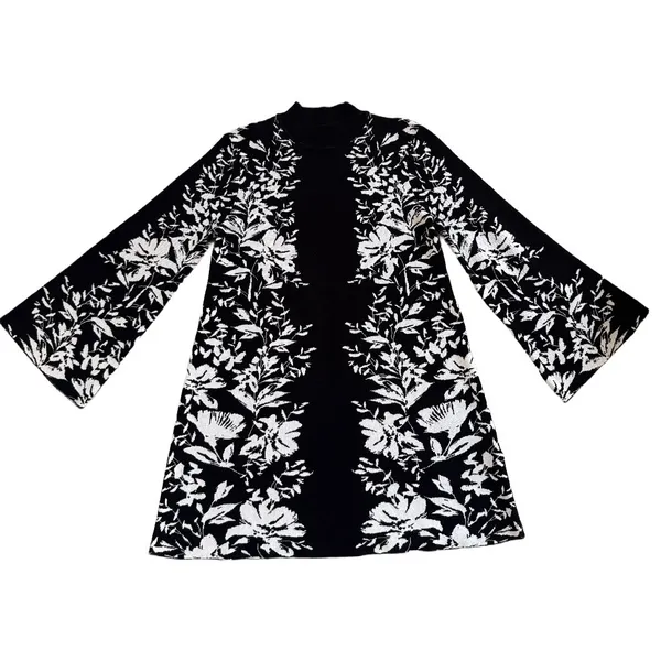London Times Black White Floral Knit Sweater Dress Mock Neck Bell Sleeve Large - Image 2