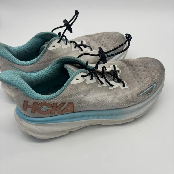 Hoka Clifton 9 Womens 8.5 Grey Blue Running Shoes Lock Laces - Image 5