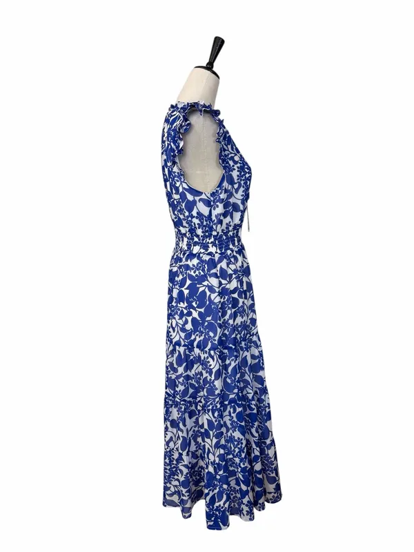 Sugar Lips Midi Dress Size M Floral Ruffle Smocked Tiered Blue White Tie Neck - Image 4