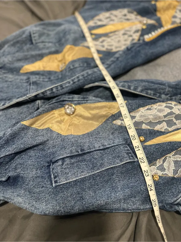VTG 80s AFSY SzS Loose embellished denim coat gold metallic appliqué lace bead. - Image 3