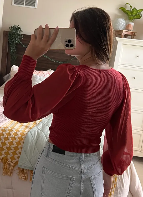 Urban Outfitters Maroon Ribbed Longsleeve With Sheer Sleeves - Image 2