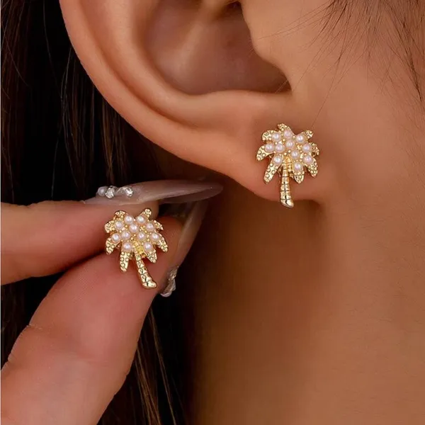 Palm Tree Earrings with Pearls Gold - Image 3