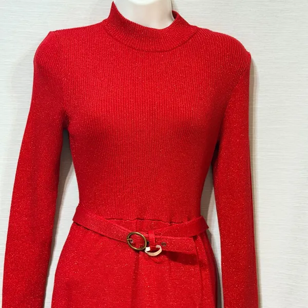 Free People Red Metallic Lurex Mock Neck Belted Ribbed Sweater Mini Dress Small - Image 5