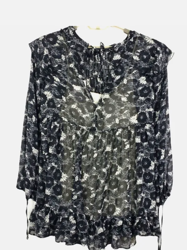 NWT Free People Black and White sheer babydoll long sleeve Floral DRESS - Image 7