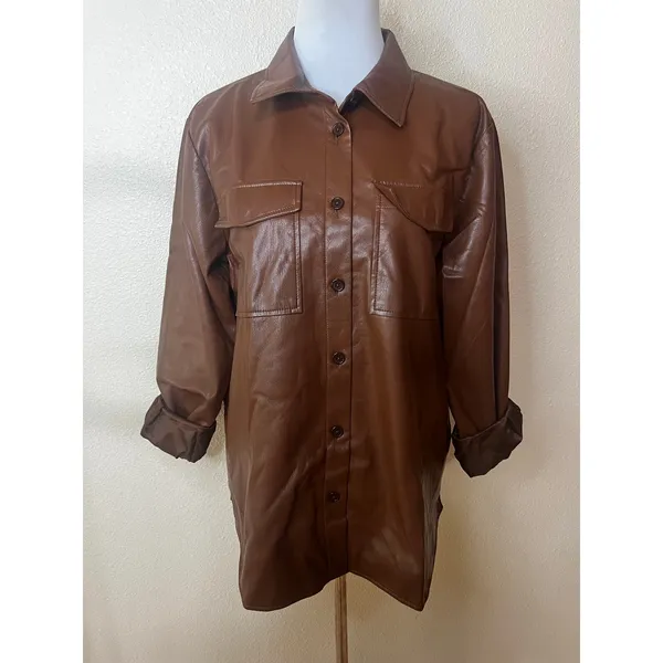 Anine Bing Hutton Faux Vegan leather brown shirt shacket LARGE FLAWED - Image 3
