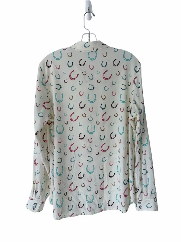 Ariat Western Horseshoe Print Cream Ivory Button Down Blouse Top Large - Image 5