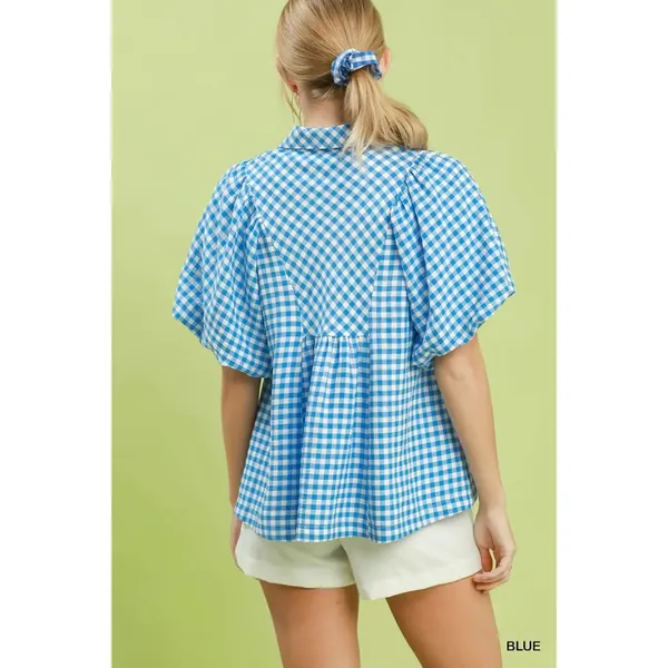 Umgee Smocked Yoke Puff‎ Sleeve Gingham Blouse - Small - Image 3
