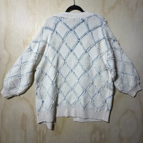 Gilded Intent Cardigan‎ Sweater L Blue Cream Chunky Knit Open Front - Image 9