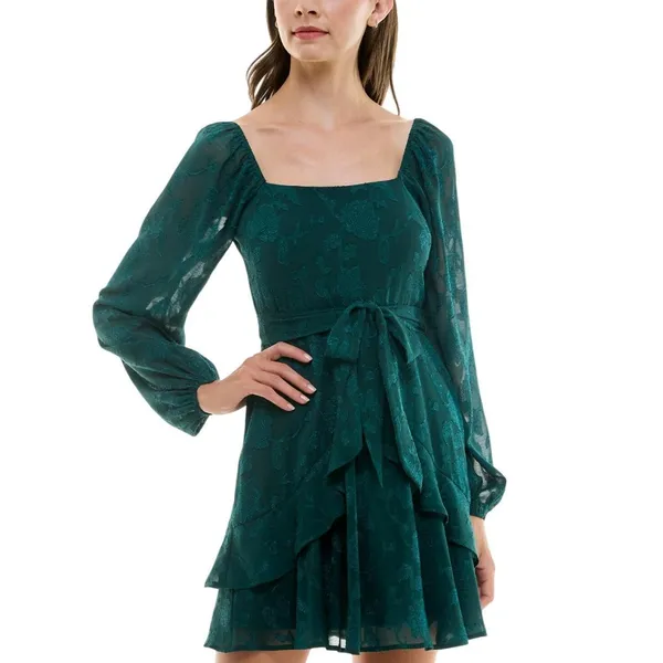NWT Trixxi Tie-Waist Ruffled Jacquard Dress Belted 26EB4278FI Hunter Green S - Image 3
