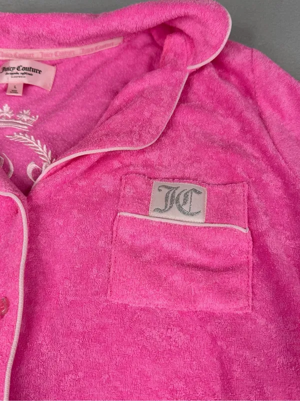 Juicy Couture Terry Cloth Pajama Set Womens L Hot Pink Y2K Logo Shorts - Image 2