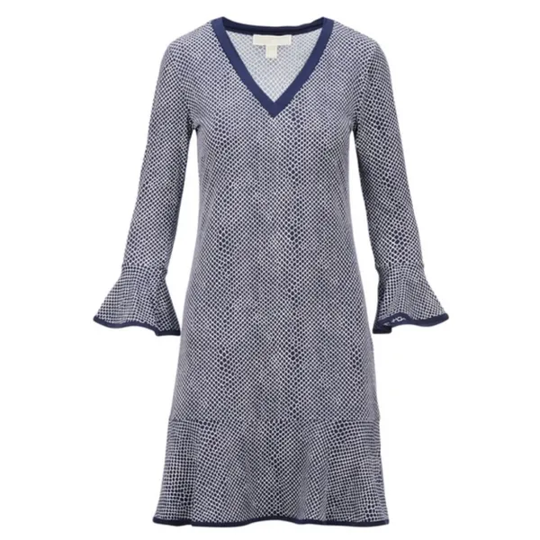 MICHAEL Michael Kors Graph Mamba Flounce Dress Small Navy White Bell Sleeve - Image 2