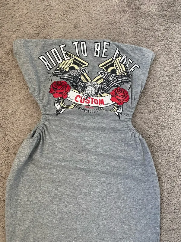 Gray Graphic Strapless Women’s Dress with Red Rose Detail - Image 2
