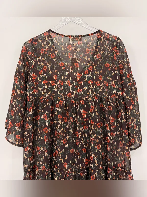 Natural Life Dress Size Small Brown Midi Floral V Neck Bell Sleeve Tiered Boho - Image 6