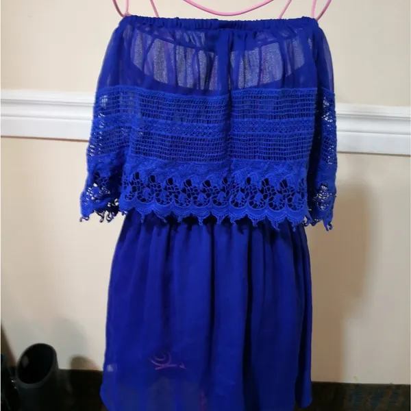 Gameday By Chloe Blue Strapless Boatneck Lace Top Mini Dress S Rainbowcore Twee - Image 5