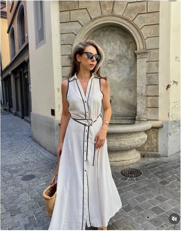 ZARA Cream Maxi Shirt Dress with Black Contrast Trim - Image 3