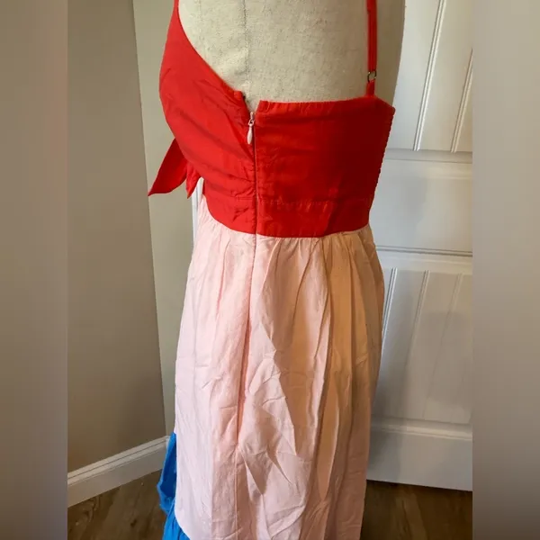 J. Crew Colorblock Tie Front‎ Maxi Dress Coral Pink Blue Spaghetti Strap Size 2 - Image 4