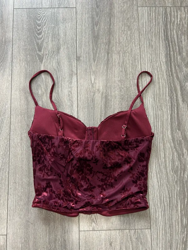 New Lulus Burgundy Floral Burnout Velvet Bustier Corset Crop Top Size Medium - Image 4