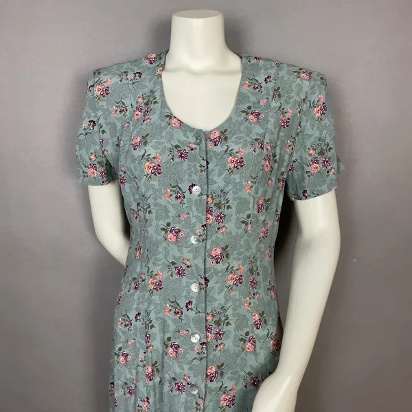 Vintage Floral Dress Shell Buttons Shirred Smocked Midi Cottagecore Summer Fall - Image 3