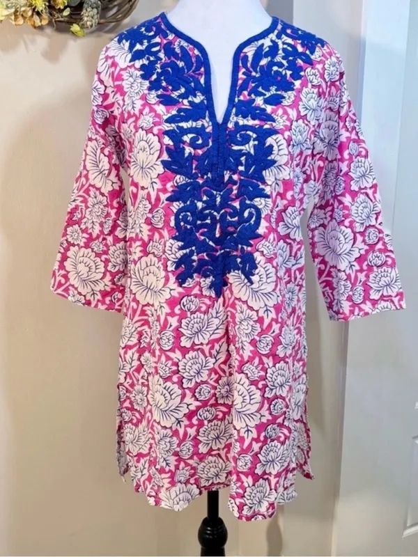💥Roller Rabbit Pink Floral Embroidered Cotton Tunic Cover Up Top XS💛 - Image 10