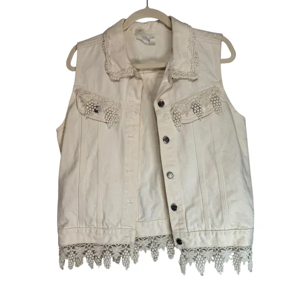 Glitter‎ & Gold Houston Cream Denim Vest Crochet Lace Grape Trim Womens Medium - Image 6