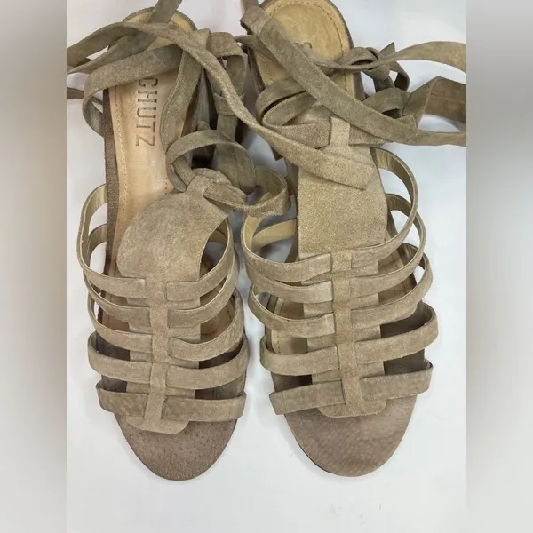 Schutz Sandals Tan Lace Up Block Heel Melancy Strappy Size‎ 7.5 - Image 6