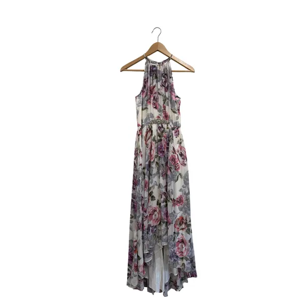 Floral High Low Halter Maxi Dress Rhinestone Waist Pink Purple Cream Sz 4 - Image 2