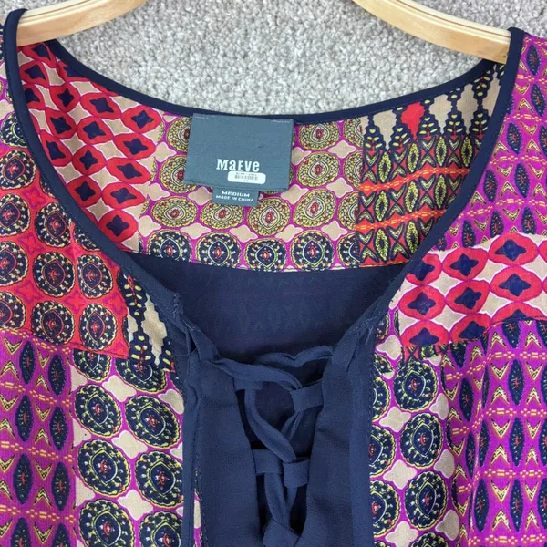 Maeve Anthropologie Size M Boho‎ Blue Lace Up Geometric Drawstring Waist Dress - Image 2