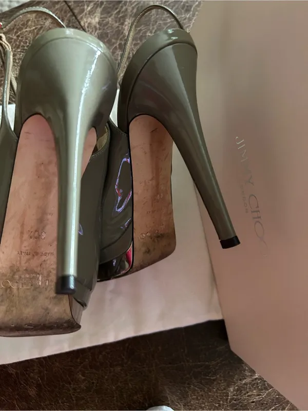 Jimmy Choo Vertigo Patent Leather Slingback Peep-Toe Pumps Pebble Palladium - Image 8