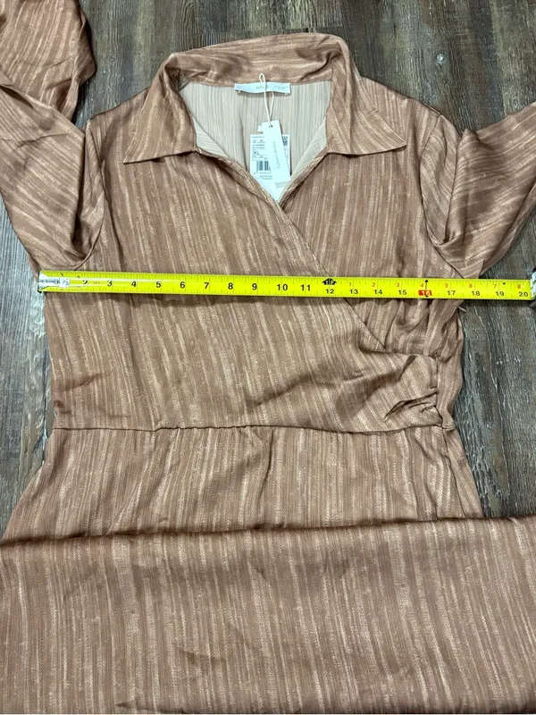 NWT Mango MNG Brown Satin Shirt Wrap Midi Dress 10 Flowy Flared Sleeve Party - Image 13