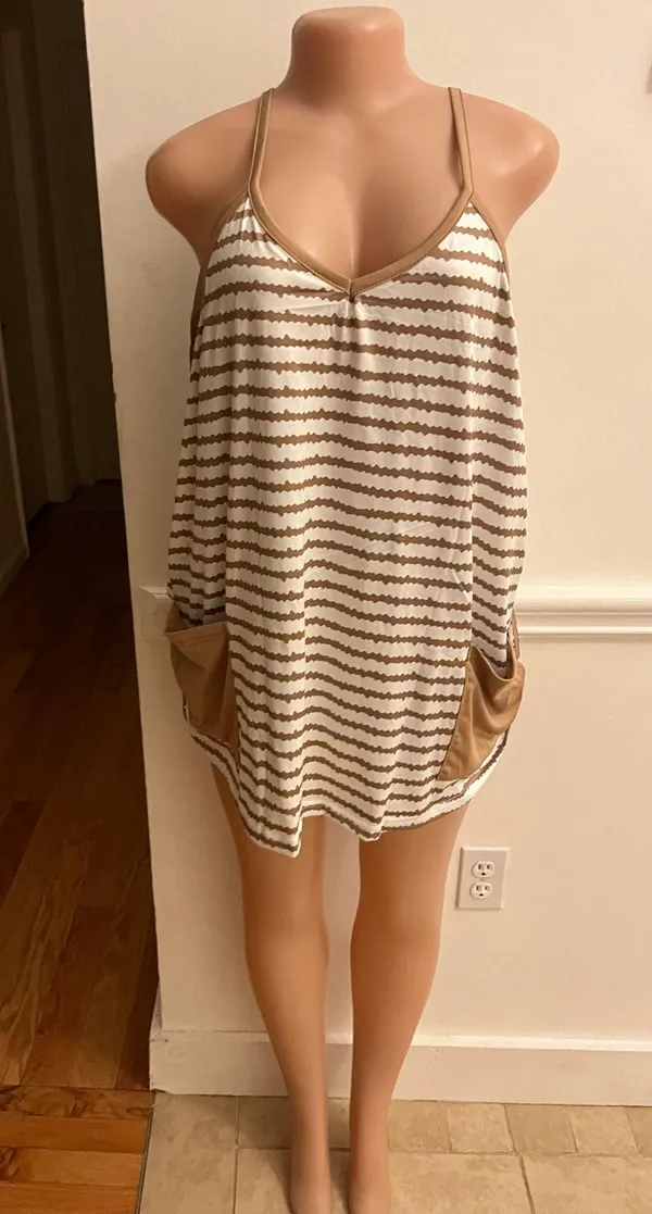 Lpker Womens Sleeveless Athletic Stripe Mini Dress With Built-In Shorts Sundress Khaki - Image 3