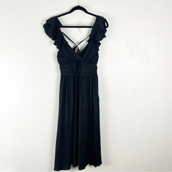 LULUS Black Regal Ruffles Back Ties Hidden Zipper V-Neck Flutter Sleeve Dress - Image 2