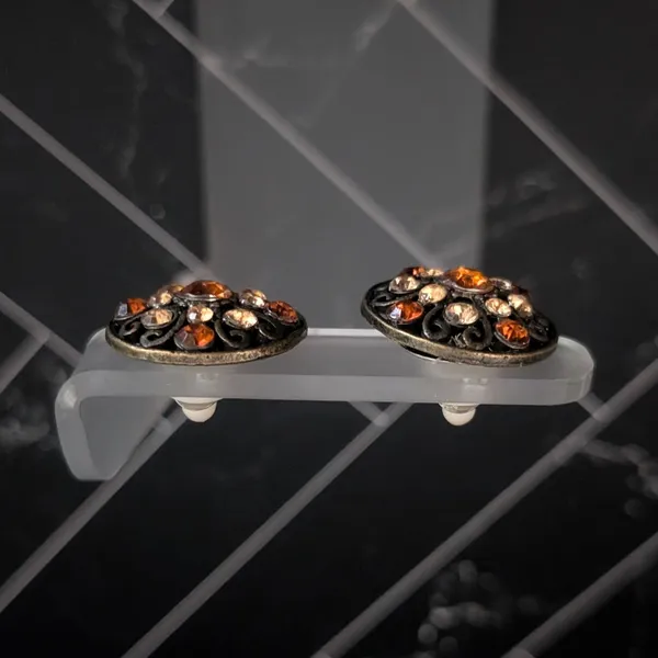 Vintage Clip On Earrings - Dark Bronze Tone with Shades of Orange Gems 7/8" - Image 4