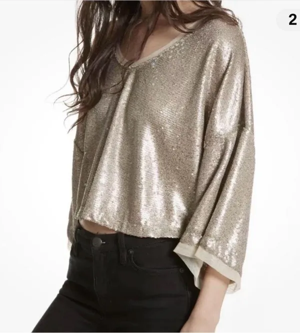 Free People Champagne Dreams Mini Sequin Dolman Sleeve Top XS - Image 4