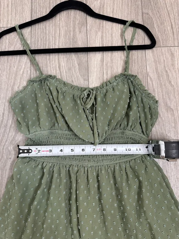 Trixxi Sage Green Swiss Dot Smocked Mini Dress Size Small Boho Cottagecore - Image 7