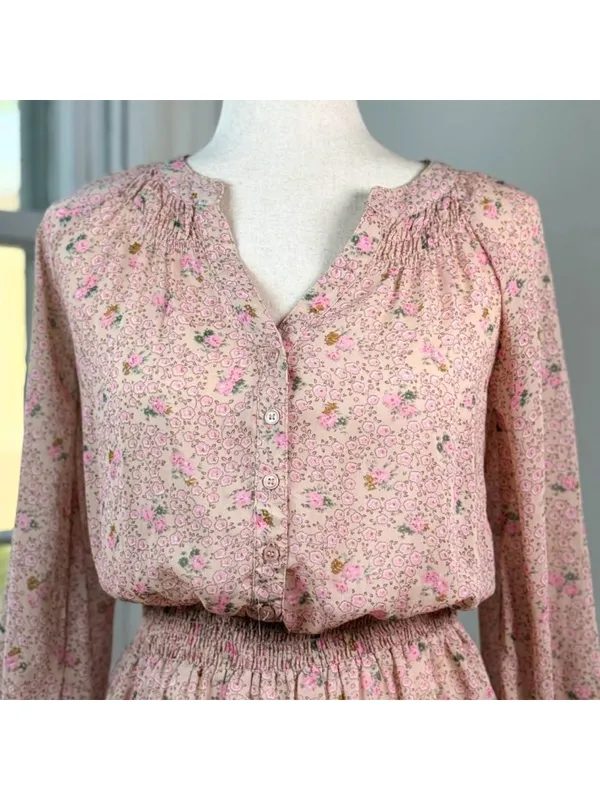 Pink Ditsy Floral Sheer Chiffon Smocked Dress XS Cottagecore Peasant Milkmaid - Image 6