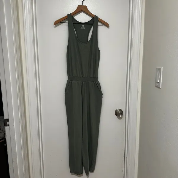 Aerie | Women's Olive Green Smocked Racerback Jogger Jumpsuit, Size XS - Image 3