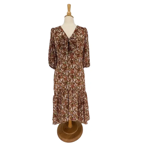 Taylor Floral High-Low Midi Dress‎ 8 Brown Gold Metallic Boho Puff Sleeve - Image 3