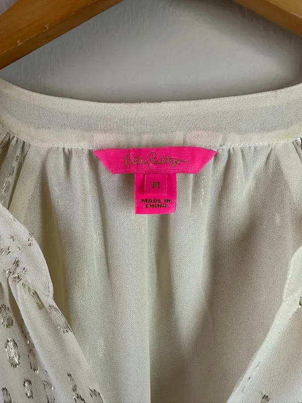 Lilly Pulitzer Coconut White Silk Gold Metallic Matilda Top Flounce M - Image 6